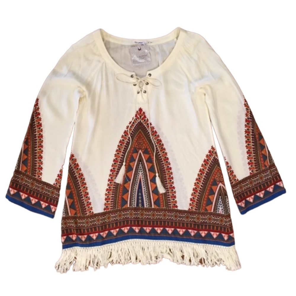 Blu Pepper Ivory Fringed Hem Long Sleeve Tribal Print Tunic Large